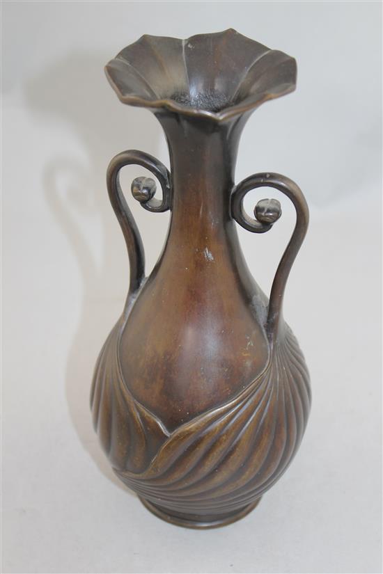 A Japanese bronze two handled bottle vase, 19th century, 25cm.